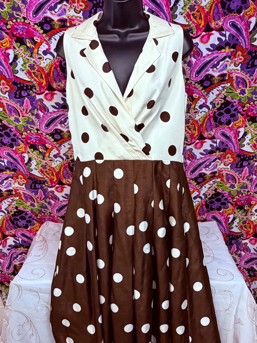 Jessica Howard Brown and White Polka Dot Satin Dress